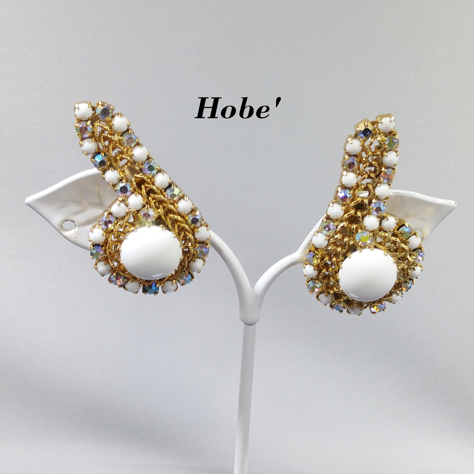 Hobe’ Vintage Ear Climber Earrings Milk Glass Ab Rhinestone Gold Plated 1950s